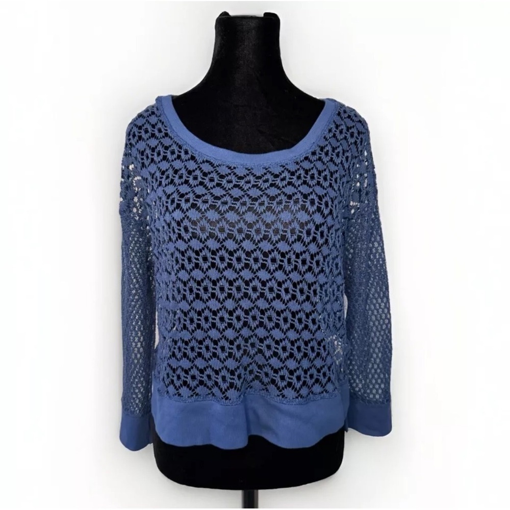 Abercrombie & Fitch Top L Blue Crochet Open Knit Boxy Festival Concert Beach EUC - Picture 1 of 6